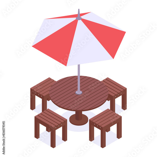 Isometric garden furniture and umbrella. Backyard wooden chairs and table with umbrella 3d vector illustration. Comfortable wooden terrace furniture