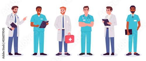 Male doctors and nurses. Terapist, paramedic and male nurse, medical clinic workers flat vector illustration set. Hospital professional staff