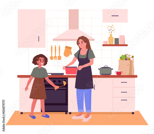 Mother and daughter cooking at home. Homemade meal preparation, family preparing food at home flat vector illustration. Cooking with kid scene