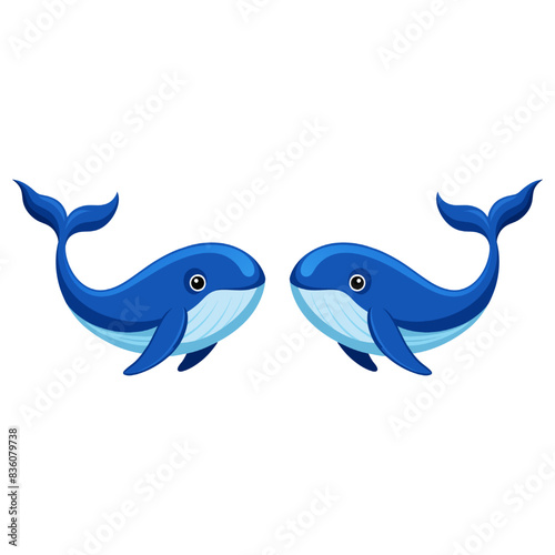 Cute cartoon dolphins and whales swimming in the blue ocean
