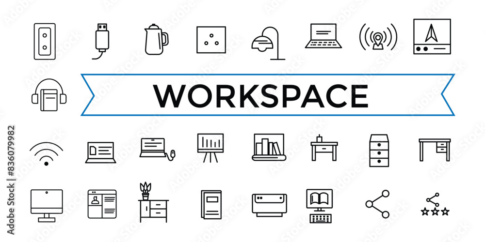Office workspace elements line web icon set. Outline icons pack. Icon collection. Editable vector icon and illustration. Office workspace elements line web icon set. Outline icons pack. Icon collection. Editable vector icon and illustration.