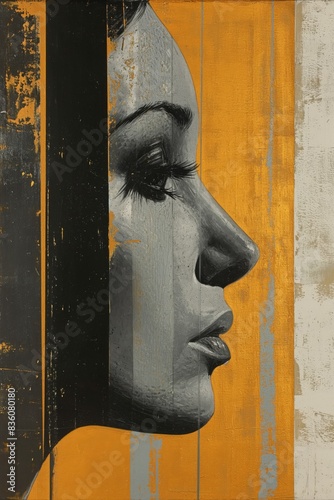 The image is an abstract artwork that features the side profile of a woman