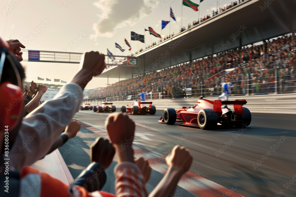 Φωτογραφία Thrilling scene of a formula race with cars speeding by as the excited crowd cheers and waves
