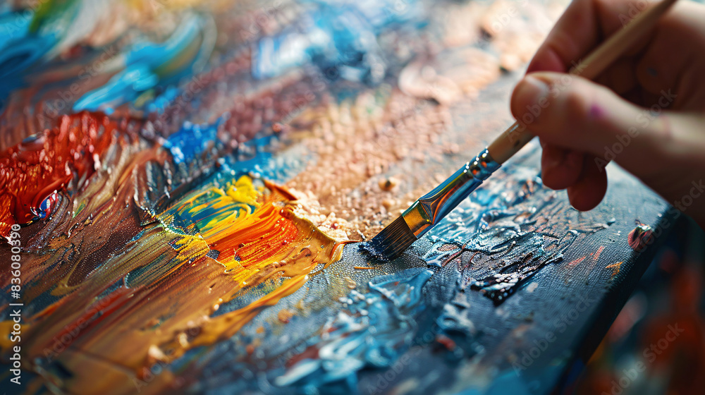 Abstract graffiti art on a wooden board, featuring a hand holding a paintbrush and applying paint to the surface Abstract graffiti art on a wooden board, featuring a hand holding a paintbrush and applying paint to the surface