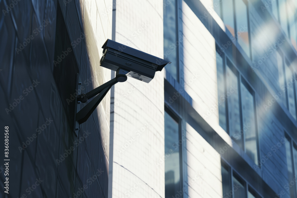 Urban security concept featuring a surveillance camera overlooking modern buildings. Urban security concept featuring a surveillance camera overlooking modern buildings.