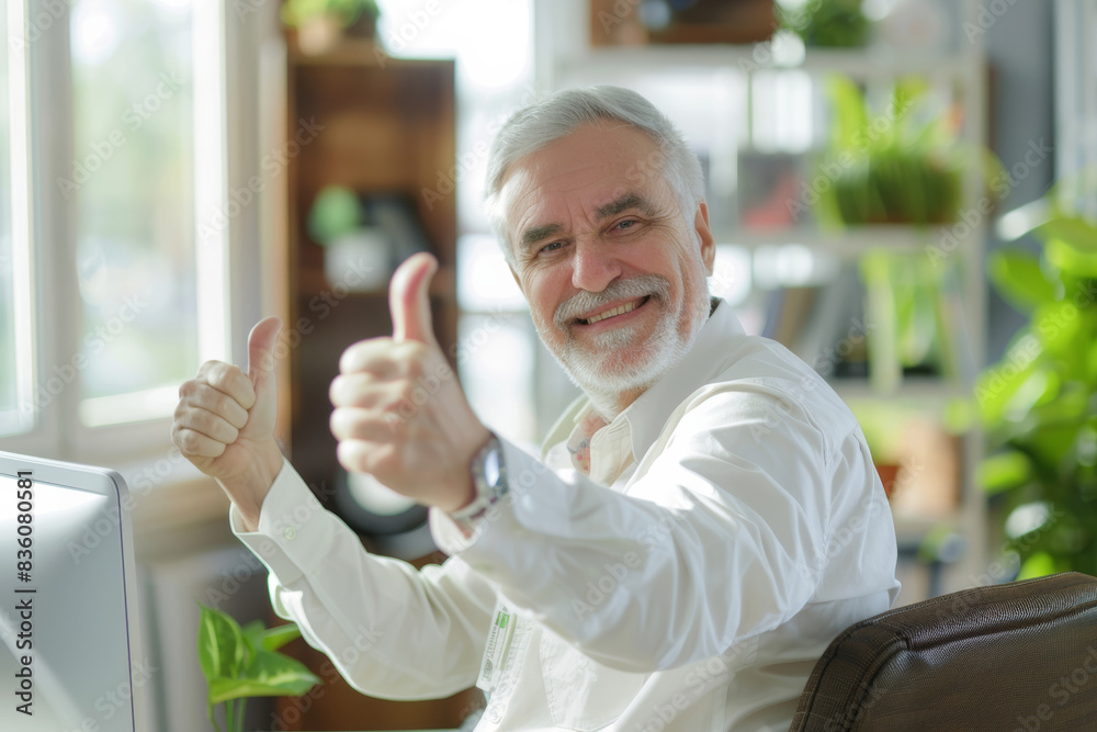 Naklejka premium Cheerful senior man giving a thumbs up in a bright, plant-filled office space.