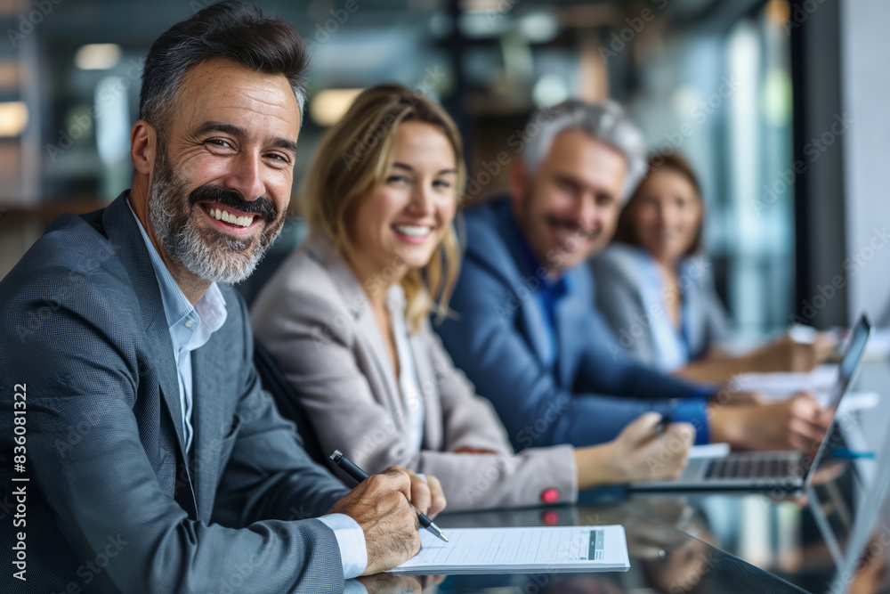 This image shows a group of businesspeople sitting in a conference room during a meeting. The man in the foreground is looking directly at the camera and smiling, while the other individuals in the This image shows a group of businesspeople sitting in a conference room during a meeting. The man in the foreground is looking directly at the camera and smiling, while the other individuals in the