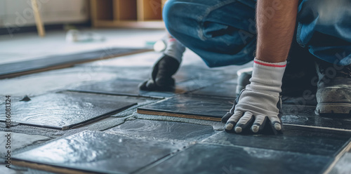 Close up of a worker laying ceramic tile on the floor in a bathroom