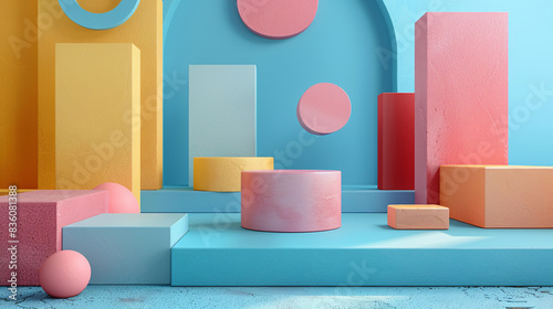 Abstract modern scene with colorful primitive shapes and empty platforms  designed for product display on a blue background