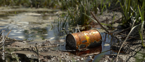 A rusty can pollutes a serene marshland  sparking environmental concerns.