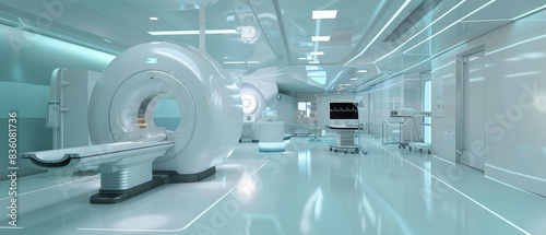 A state-of-the-art MRI machine stands ready in a sleek, high-tech medical facility.