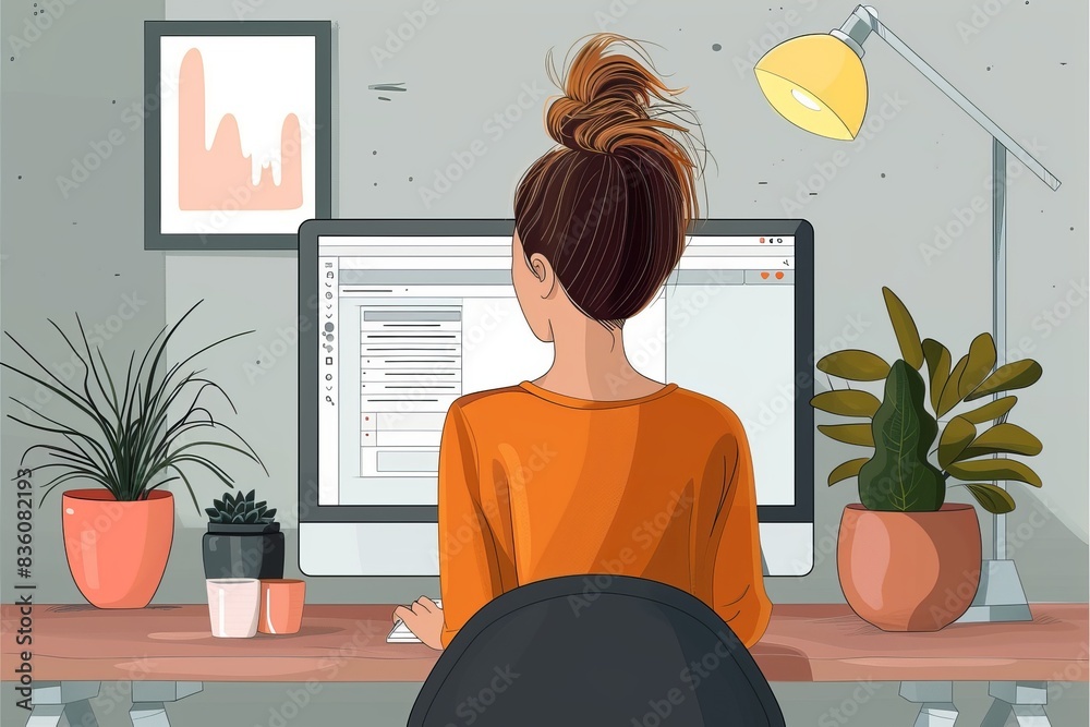 Illustration of a young woman working at a home office desk with a computer, indoor plants, and a lamp Illustration of a young woman working at a home office desk with a computer, indoor plants, and a lamp