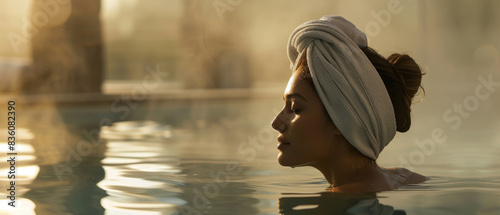 Woman enjoys serene moment in warm  golden-lit thermal spa waters.