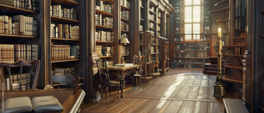 Majestic library interior, basking in sunlight, inviting a journey through knowledge and time.