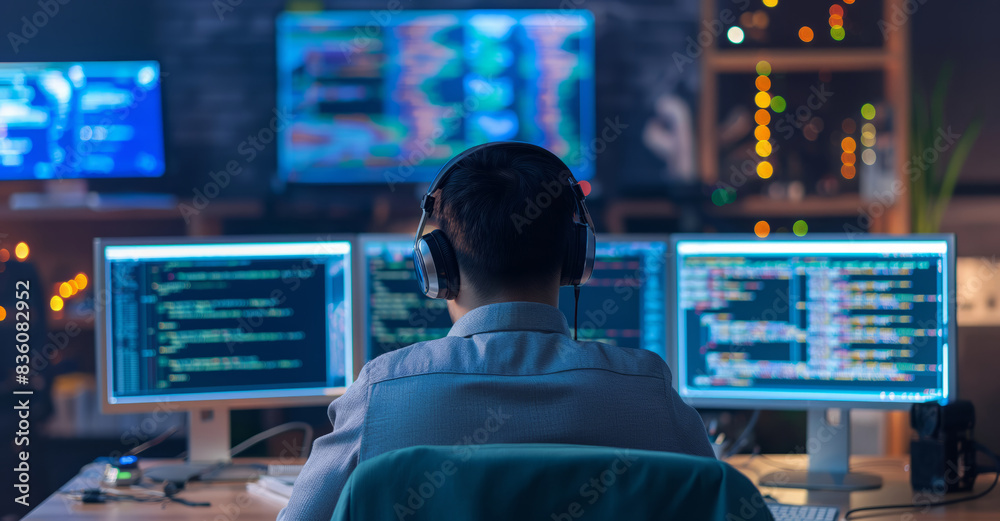 A man wearing headphones sits at a desk in a dimly lit room, working late on his computer. He has two monitors open with lines of code displayed on each. He is intently focused on his task, likely A man wearing headphones sits at a desk in a dimly lit room, working late on his computer. He has two monitors open with lines of code displayed on each. He is intently focused on his task, likely