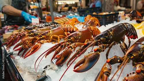 A seafood market vendor displaying a variety of lobsters on ice, showcasing different sizes and species for customers to choose from. photo