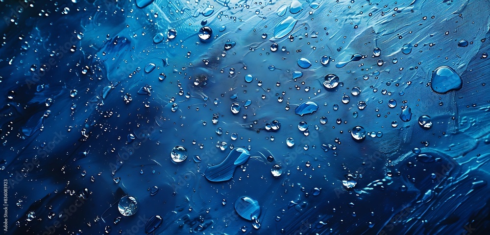 Detailed image of shimmering water droplets on deep blue canvas. Detailed image of shimmering water droplets on deep blue canvas.