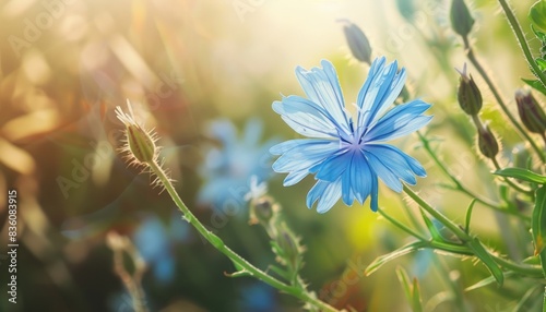 Capturing the Beauty of a Blue Chicory Flower: Cichorium Intybus in Natural Surroundings photo