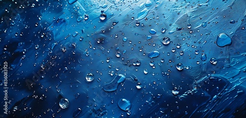 Detailed image of shimmering water droplets on deep blue canvas.