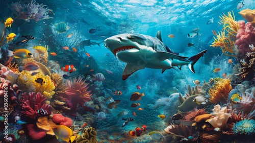 A shark swimming through a cloud of colorful fish in a bustling coral reef  illustrating the dynamic nature of marine ecosystems.