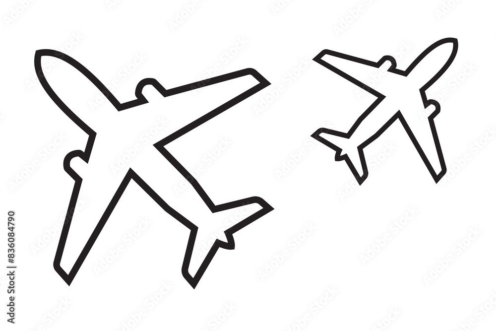 Airplane sign and symbol with stroke line. Airplane silhouette icon, vector. Airplane aviation flat icon for apps, logo and website. Flight jet, aircraft transport symbol on white background. Airplane sign and symbol with stroke line. Airplane silhouette icon, vector. Airplane aviation flat icon for apps, logo and website. Flight jet, aircraft transport symbol on white background.