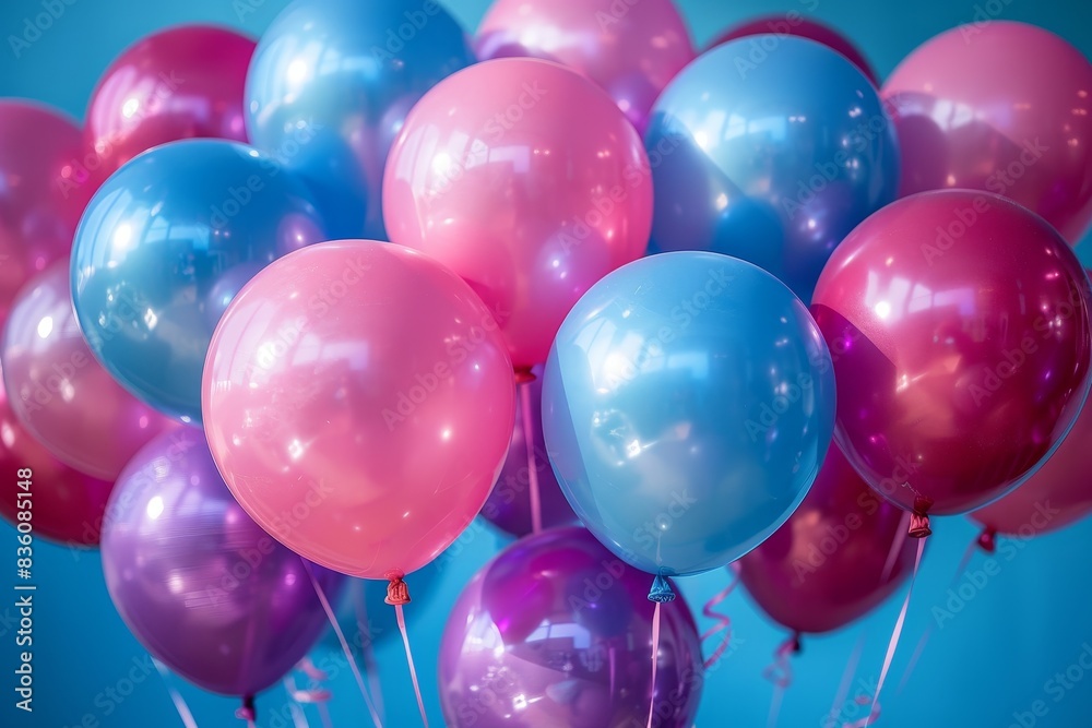 Glossy helium balloons in blue, pink, and purple tones for a festive celebration atmosphere Glossy helium balloons in blue, pink, and purple tones for a festive celebration atmosphere