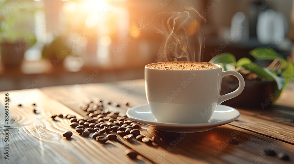 Steaming Cup of Espresso with Scattered Coffee Beans on Wooden Tabletop