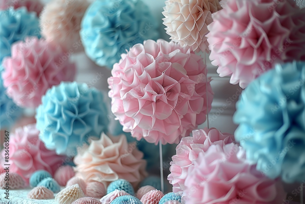 Close-up of tasteful pastel-hued decorative orbs, adding an elegant touch to party settings Close-up of tasteful pastel-hued decorative orbs, adding an elegant touch to party settings