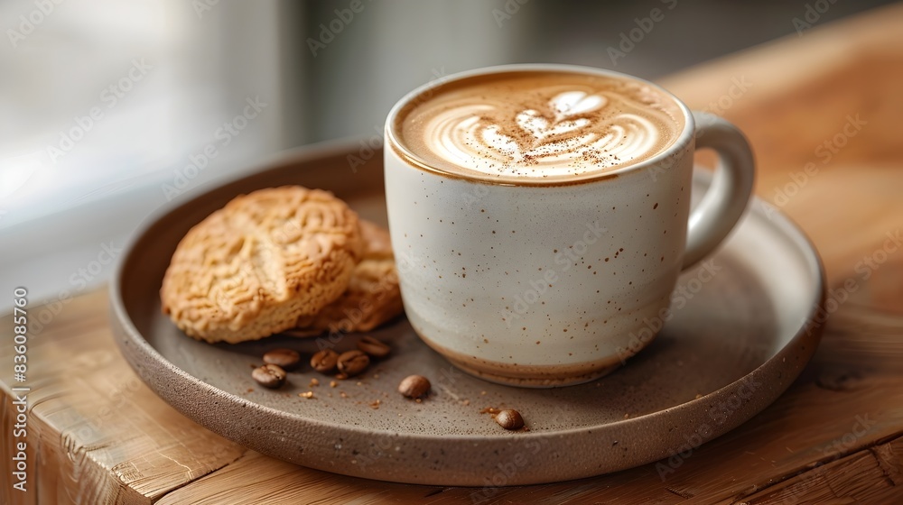 Elegant Flat White Coffee with Delicate Latte Art and Biscotti on Wooden Tray Elegant Flat White Coffee with Delicate Latte Art and Biscotti on Wooden Tray