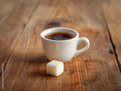 Soothing Cup of Black Coffee with a Single Sugar Cube on a Wooden Table