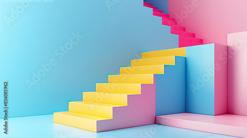 Colorful geometric podiums and staircases  designed for product display and fashion showcases  on a blue background