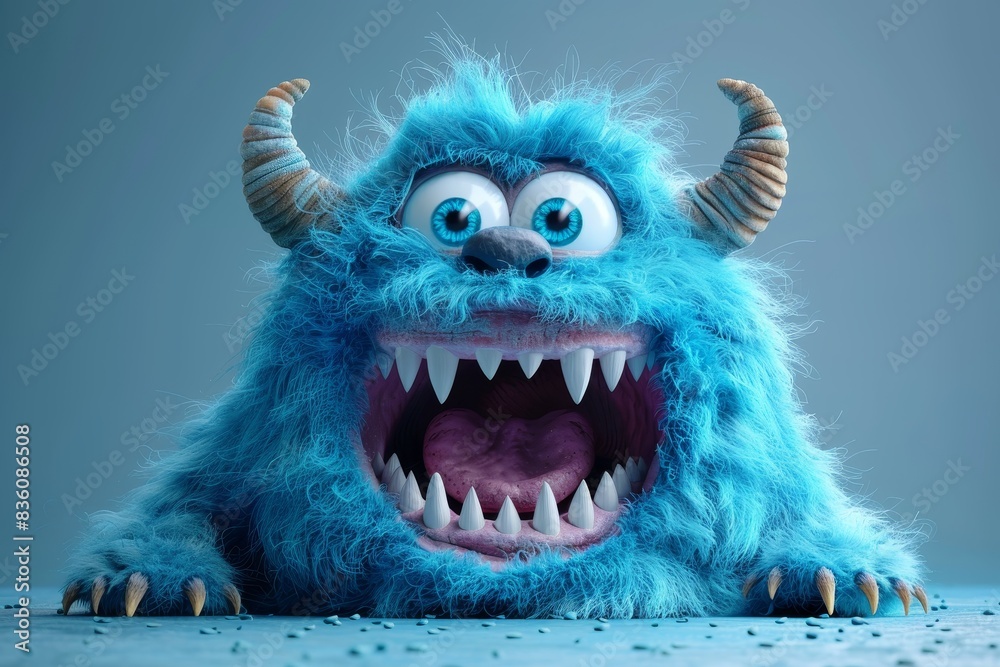 High-quality 3D render of a scary yet amusing blue monster with big teeth and horns High-quality 3D render of a scary yet amusing blue monster with big teeth and horns