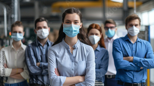 Manager And Engineering Team Standing Together In Factory Wearing Masks During New Normal And Social Distancing For Workplace Safety Guidelines photo