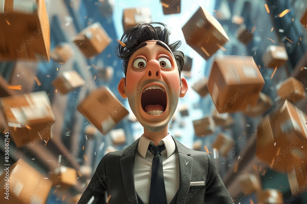 Surreal image of a man in a suit surrounded by flying wooden boxes, with his face artistically obscured Surreal image of a man in a suit surrounded by flying wooden boxes, with his face artistically obscured