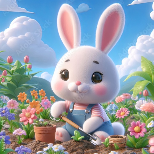 Cute cartoon bunny planting flowers, cartoon, 3D, Generative AI photo