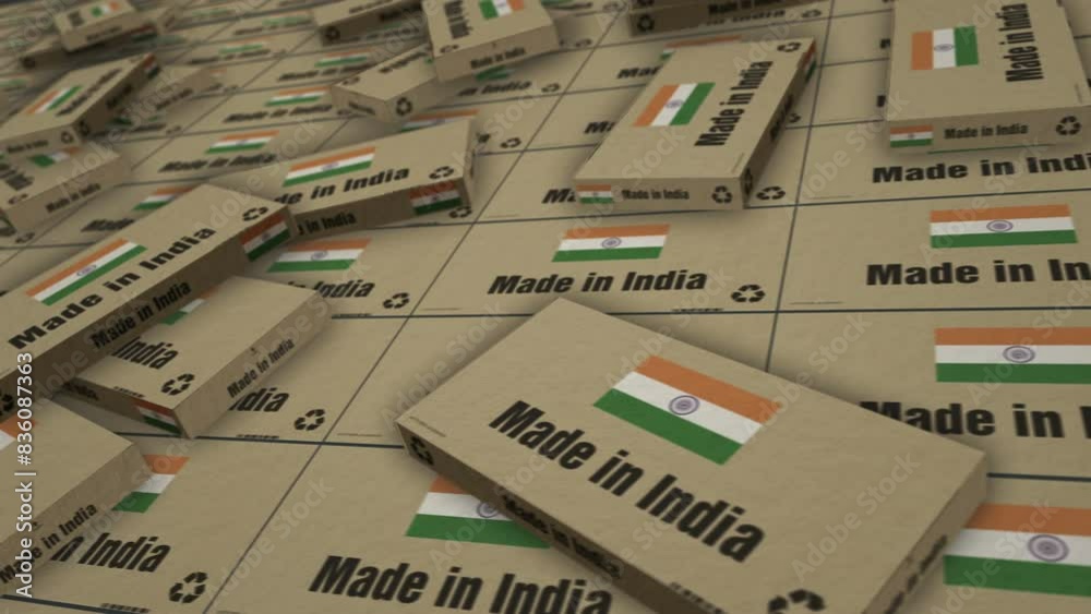 Made in India box production line. Product, import, export, manufacturing and delivery. Abstract concept 3d loopable seamless. Made in India box production line. Product, import, export, manufacturing and delivery. Abstract concept 3d loopable seamless.