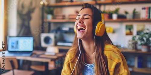 E-Generation Groove: A Young Woman Singing and Enjoying Music with Headphones in a Modern Office - 4K Wallpaper. A young woman, radiating joy and energy, sings along to her favorite music while wearin © Da