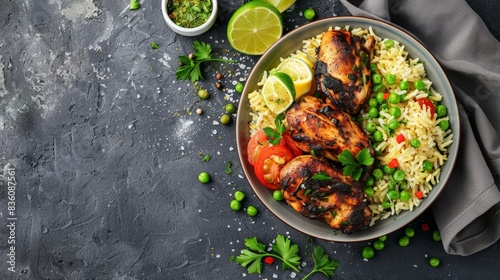 A plate of grilled chicken, rice, peas, tomatoes, and lime wedges, served with a side of cilantro sauce.