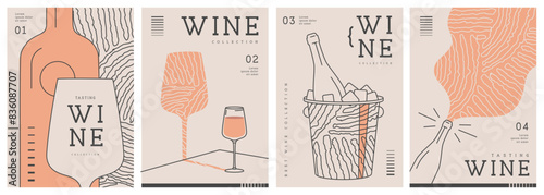 Set of modern line art magazine covers or posters with wine bottles, glasses and abstract texture. Restaurant menu design. Vector illustration
