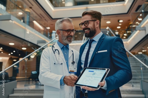 Pharmaceutical sales representative talking with doctor in medical building.    Ambitious male sales representative  presenting new medication on tablet. photo