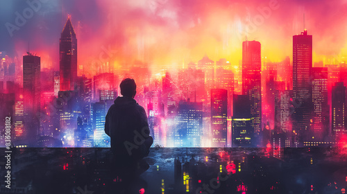 A man is sitting on a ledge in a city at night photo