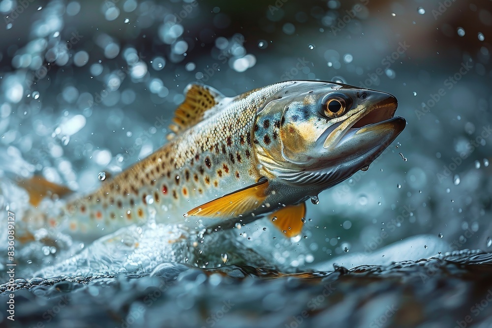A highly detailed close-up of a trout as it emerges from the water, featuring splashing droplets and gills A highly detailed close-up of a trout as it emerges from the water, featuring splashing droplets and gills