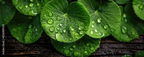 Close-up of green leaves with water droplets on a dark wooden background, showcasing freshness and natural beauty.
