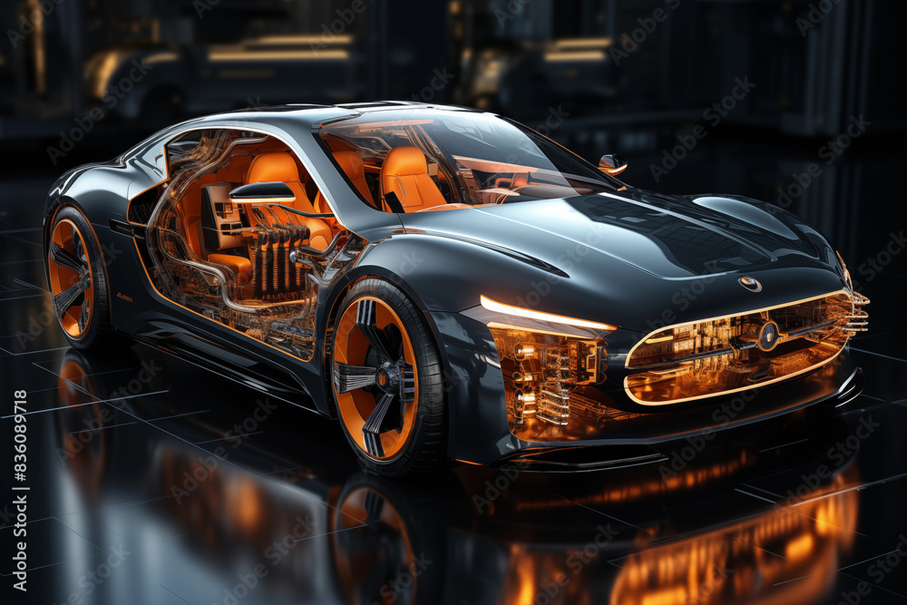 A Close-Up of a Futuristic Car with Orange Lights Sits on a Reflective Surface A Close-Up of a Futuristic Car with Orange Lights Sits on a Reflective Surface