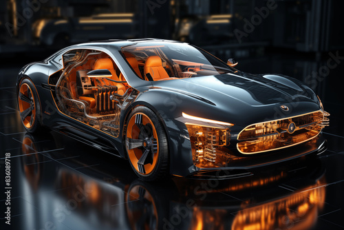 A Close-Up of a Futuristic Car with Orange Lights Sits on a Reflective Surface