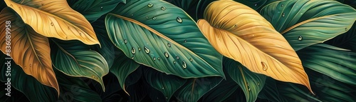 Vivid close-up of tropical leaves with water droplets, showcasing rich green and yellow hues, perfect for nature and botanical themes.