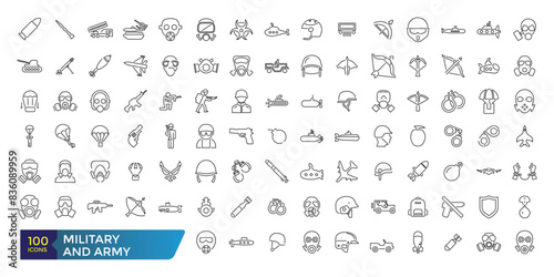 Military and army line icons. Editable Stroke. Military Equipment, tools, aids and appliances. Collection and pack of linear web and ui icons. Editable stroke. Vector illustration