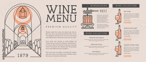 Restaurant wine menu design. Line art modern vector illustration