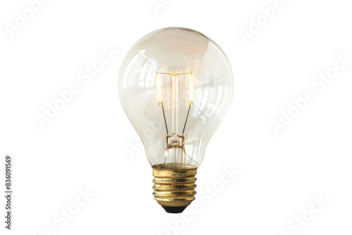 Light bulb isolated on white background showing a bright glass bulb representing electricity, energy, and innovation