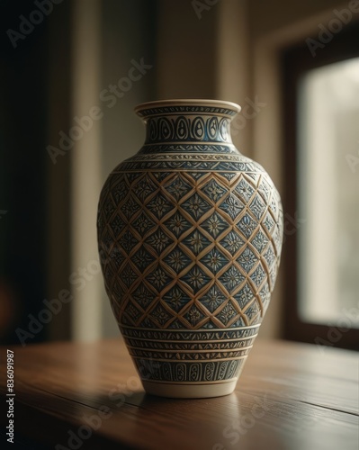 A Decorative Ceramic Vase with Intricate Patterns, Captured from a Mid-Level Angle to Emphasize the Craftsmanship. Taken with a Focus on Detail, Perfect for Highlighting Artisanal Beauty in Home Decor